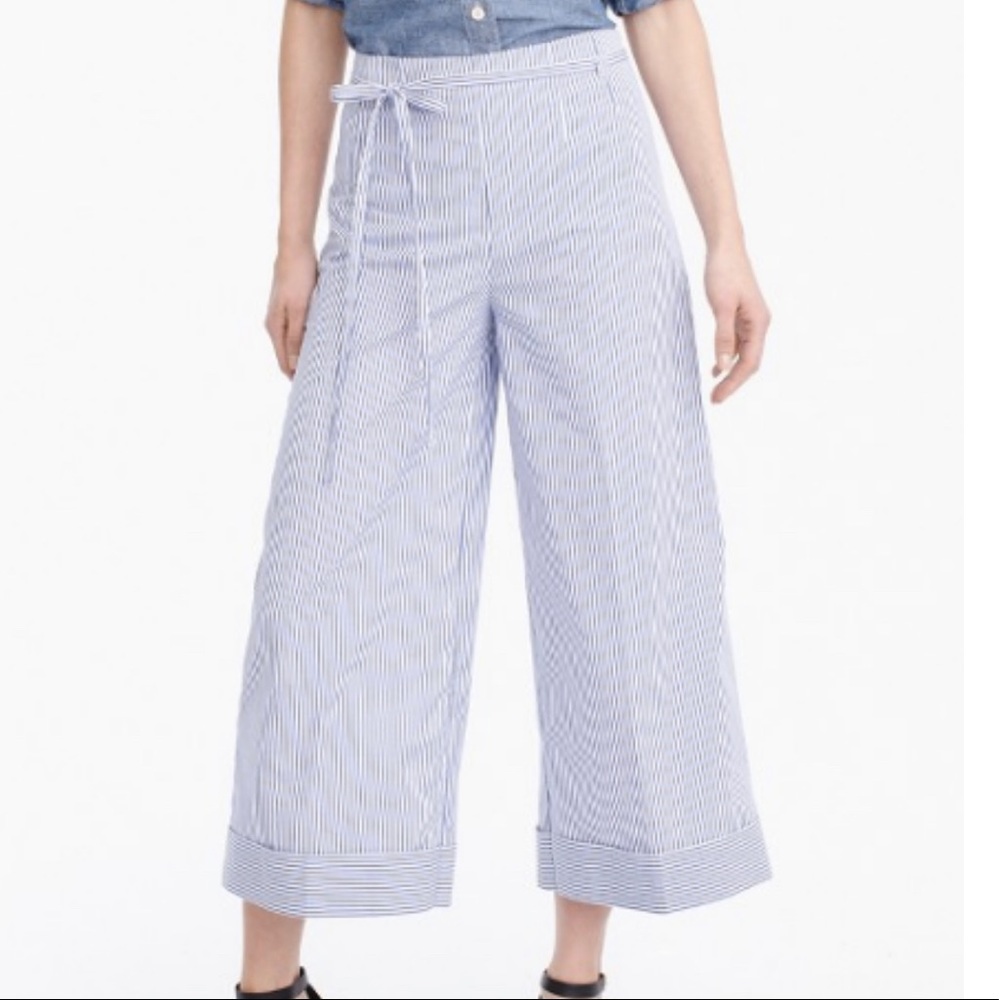 J. Crew Seersucker blue/white stripe cropped wide leg pants Size 2